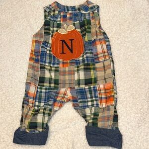 Plaid Patchwork Baby Romper with Pumpkin Applique - Halloween Monogram N